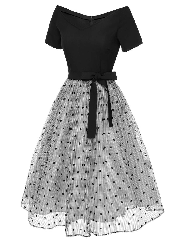 [Pré-vente] Robe noire à pois en maille épaules dénudées des années 1950