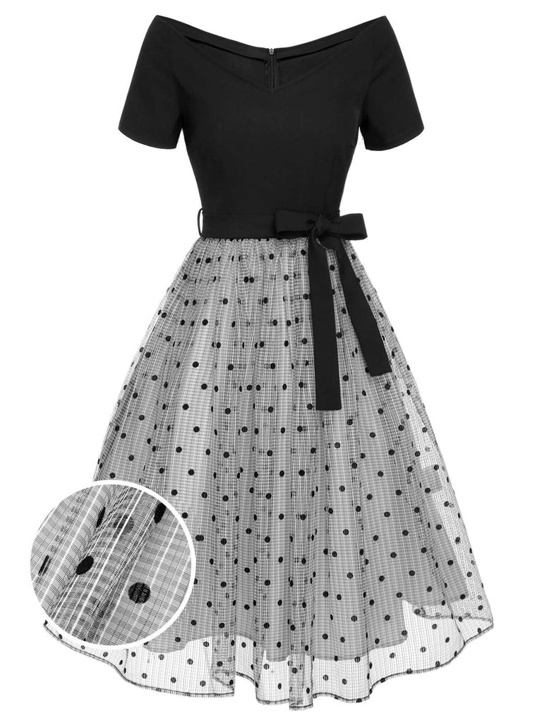 [Pré-vente] Robe noire à pois en maille épaules dénudées des années 1950