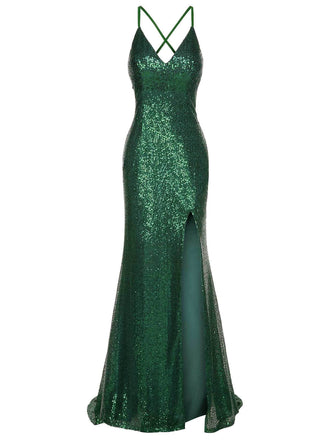 Robe à bretelles pailletées et fente latérale à col en V des années 1920