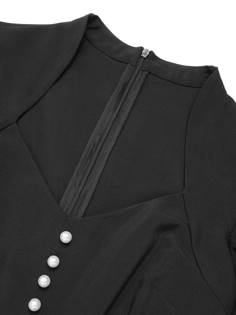 [Pré-vente] Robe noire à boutons en perles et col en V des années 1950
