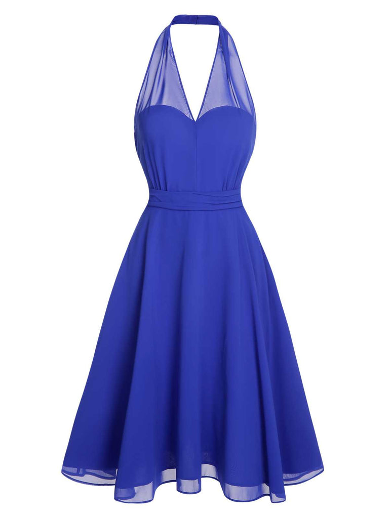 [Pré-vente] Robe dos nu bleue en mousseline de soie unie des années 1950