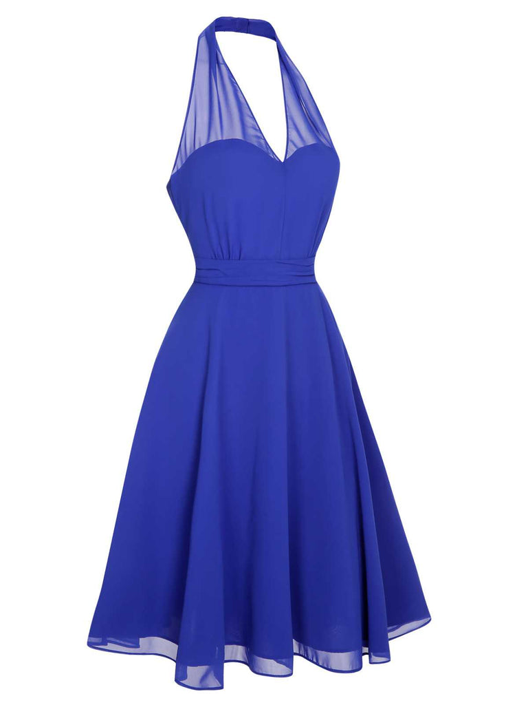 [Pré-vente] Robe dos nu bleue en mousseline de soie unie des années 1950