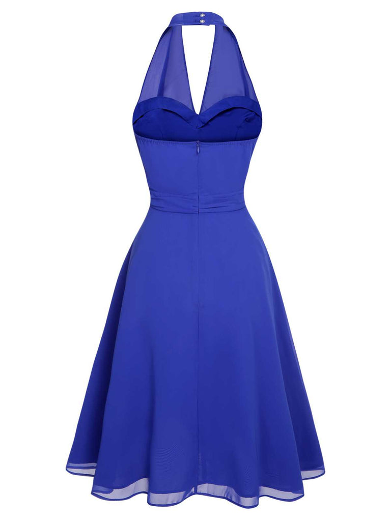 [Pré-vente] Robe dos nu bleue en mousseline de soie unie des années 1950