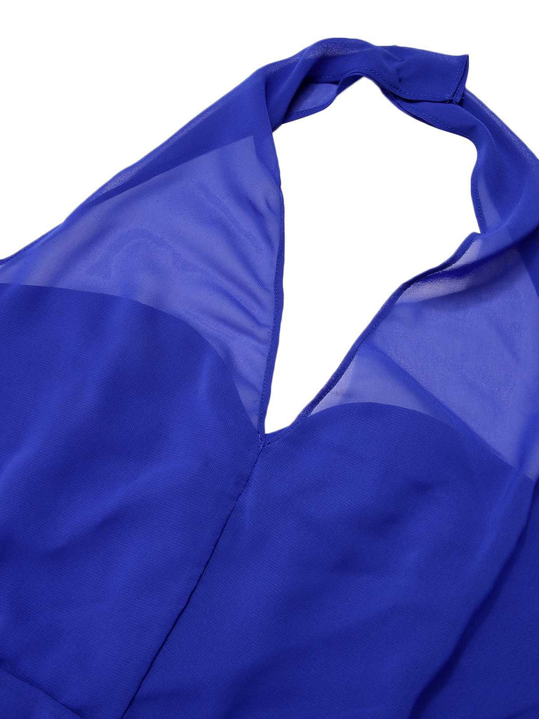 [Pré-vente] Robe dos nu bleue en mousseline de soie unie des années 1950