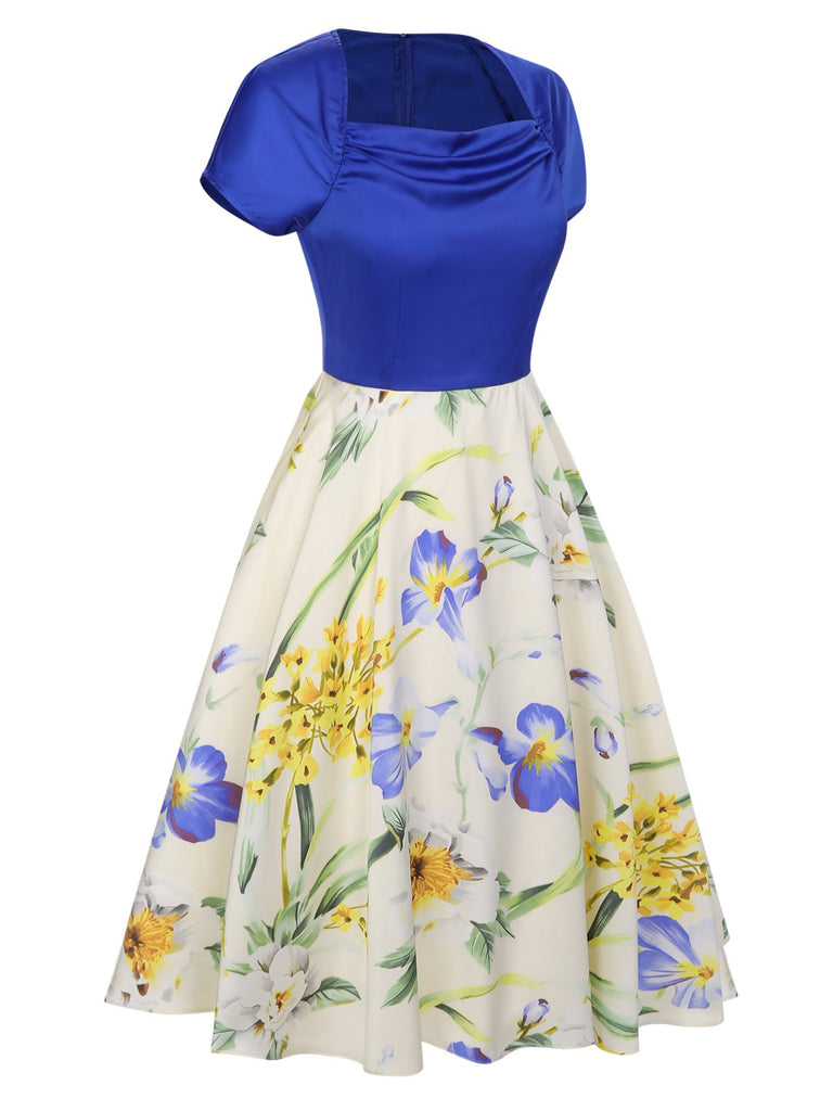 [Pré-vente] Robe patchwork à col bénitier et fleurs des années 1950