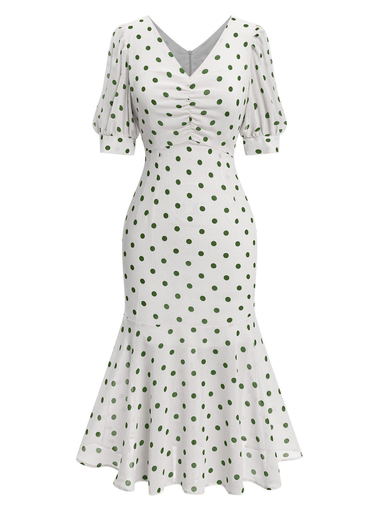 [Prévente] Robe sirène vert en mousseline à pois des années 1930