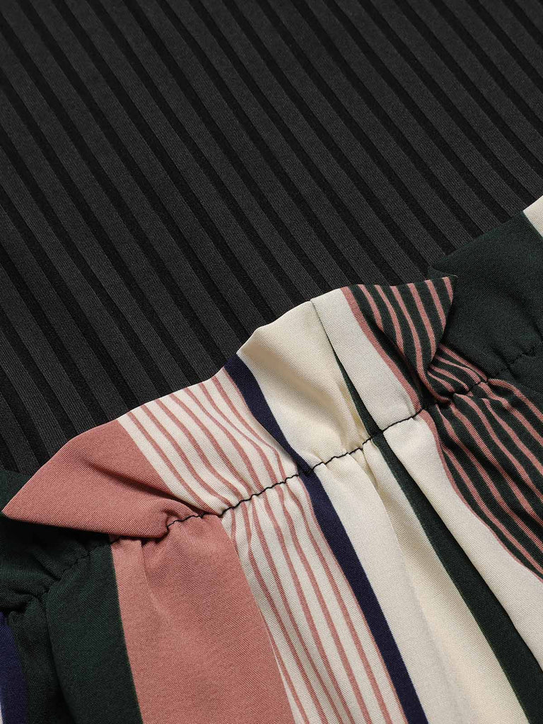 Combishort ceinturée tricotée à rayures patchwork des années 1950