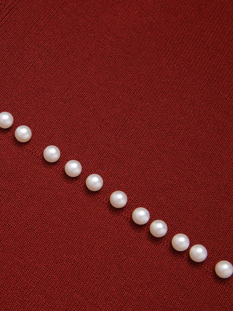 Robe rouge à bretelles tricotées en perles solides des années 1960