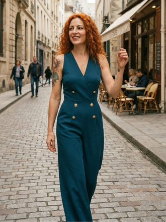 Combinaison boutonnée sans manches bleue des années 1950