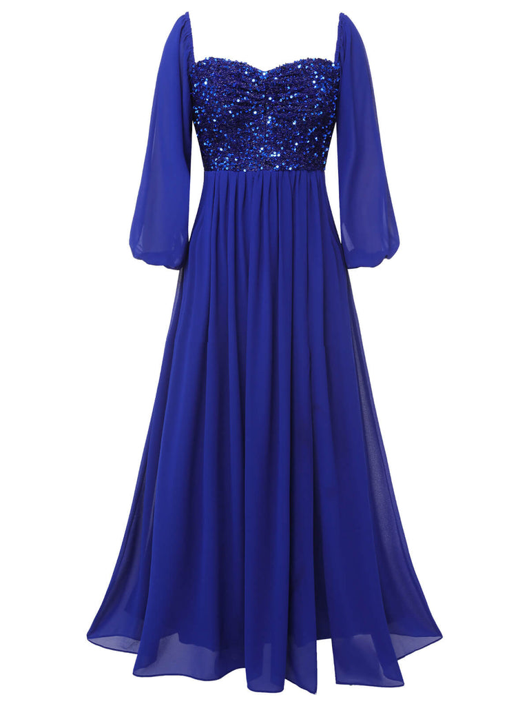 Robe longue bleu royal à paillettes et col en cœur des années 1920