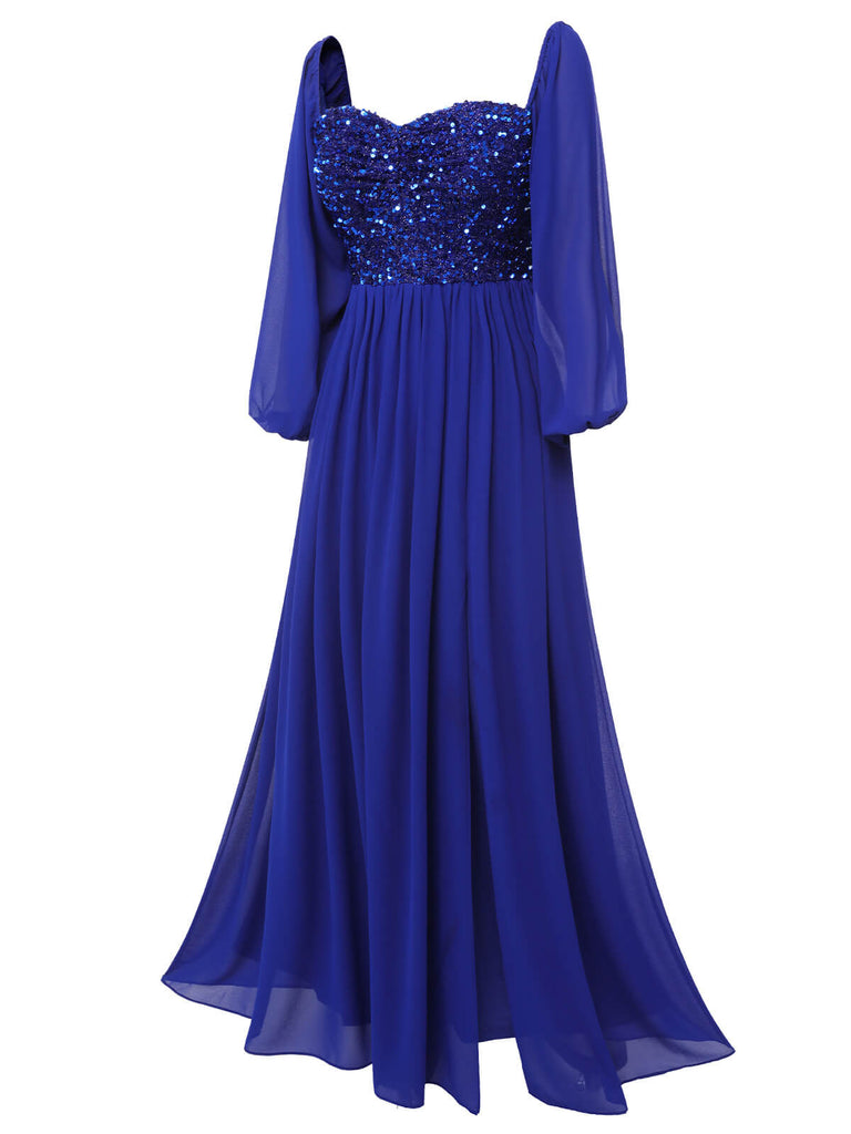 Robe longue bleu royal à paillettes et col en cœur des années 1920