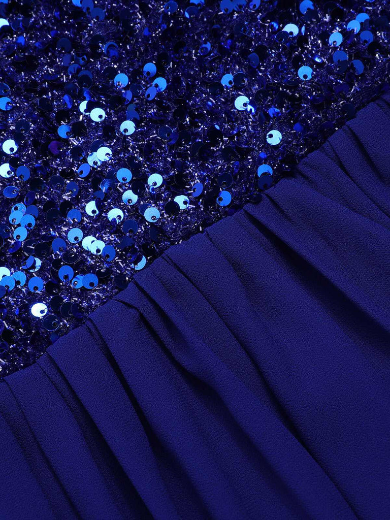 Robe longue bleu royal à paillettes et col en cœur des années 1920