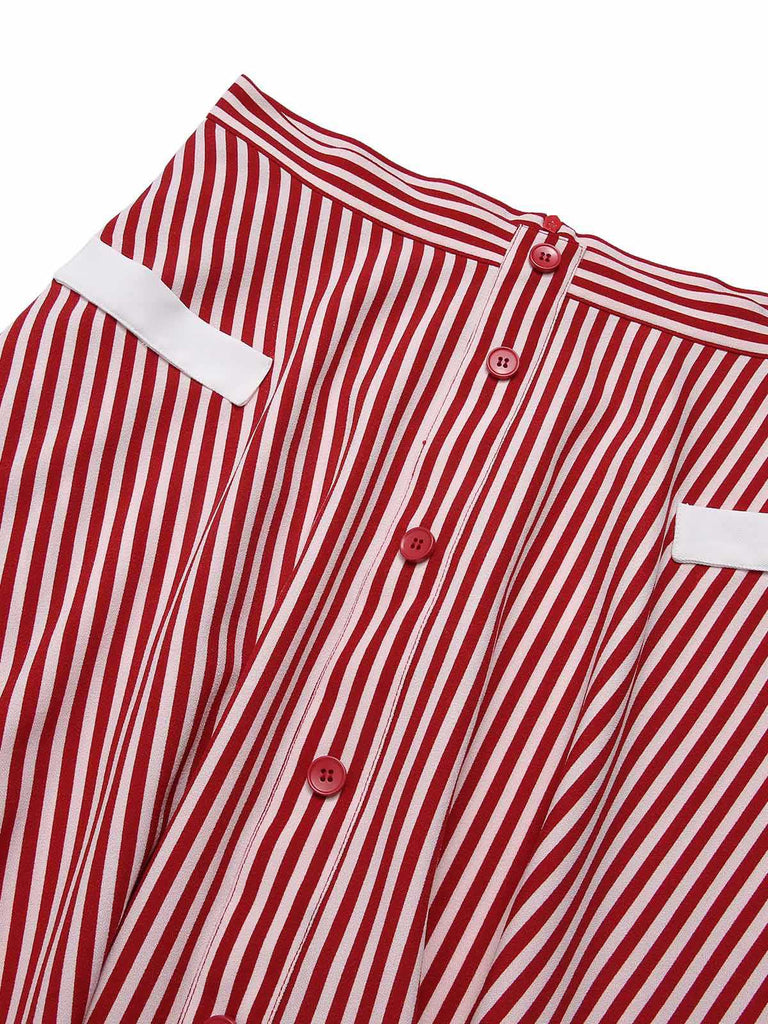 Jupe rouge à rayures boutonnées des années 1940