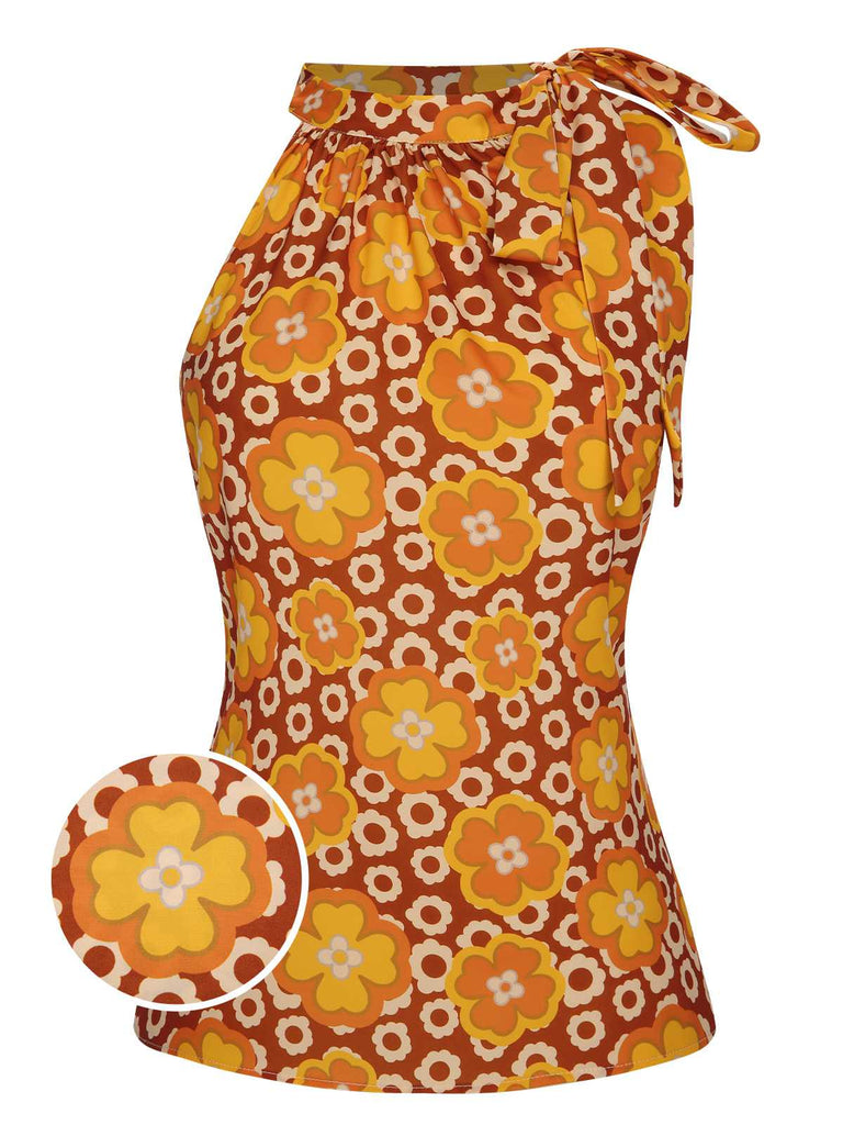 Haut sans manches à col noué et motif floral vert des années 1960