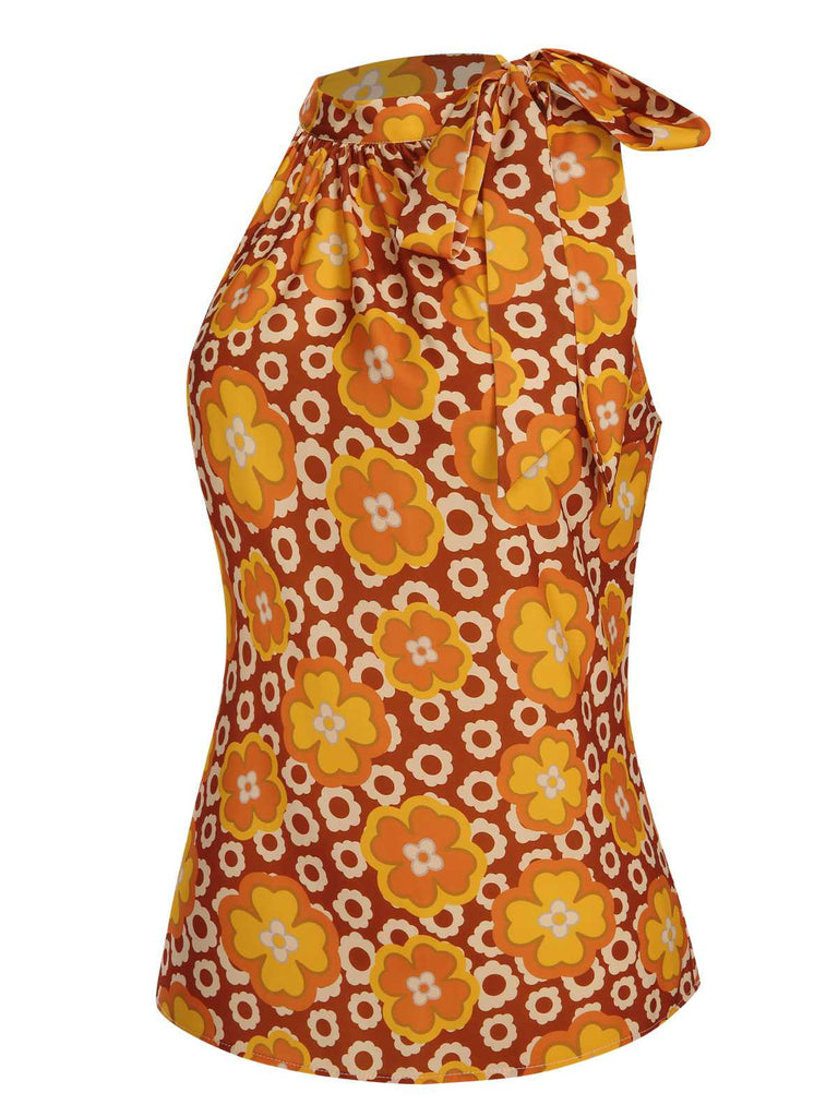 Haut sans manches à col noué et motif floral vert des années 1960