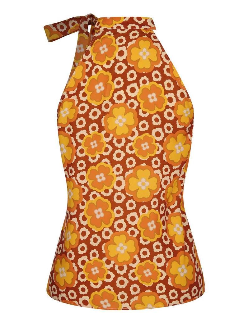 Haut sans manches à col noué et motif floral vert des années 1960
