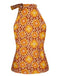 Haut sans manches à col noué et motif floral vert des années 1960