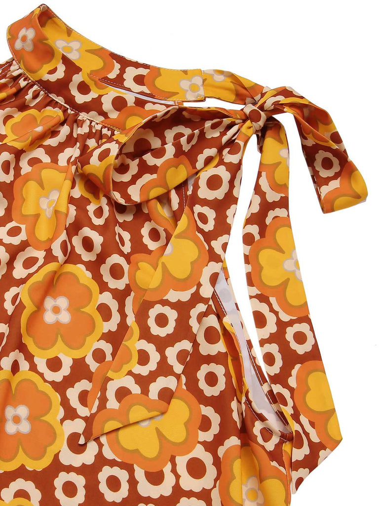 Haut sans manches à col noué et motif floral vert des années 1960