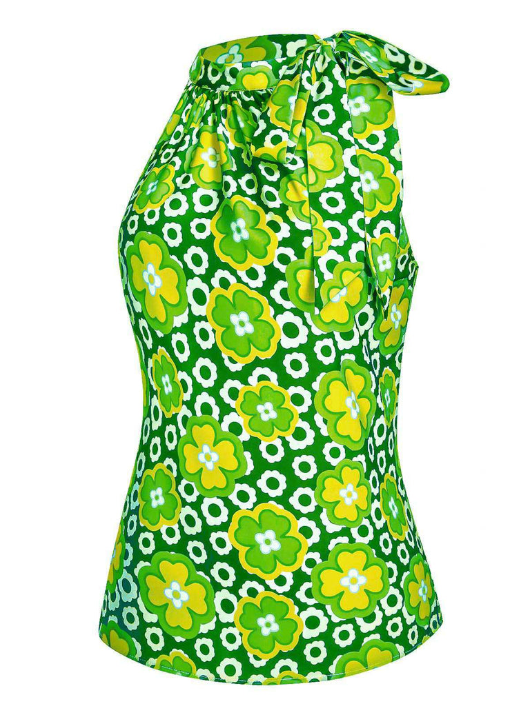 Haut sans manches à col noué et motif floral vert des années 1960