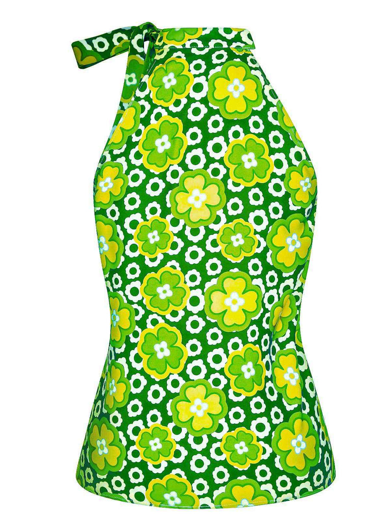 Haut sans manches à col noué et motif floral vert des années 1960