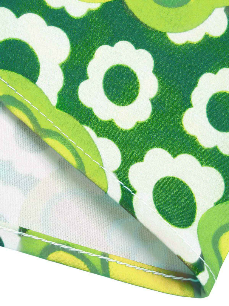 Haut sans manches à col noué et motif floral vert des années 1960