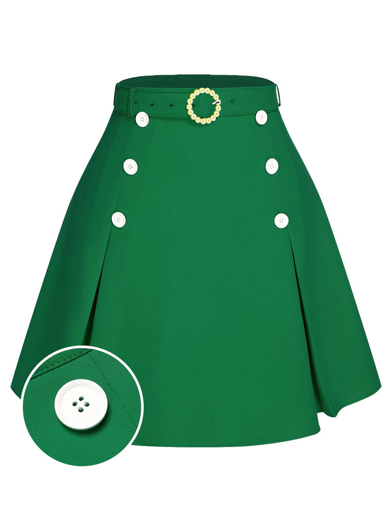 Jupe ceinturée unie à boutons vert des années 1960