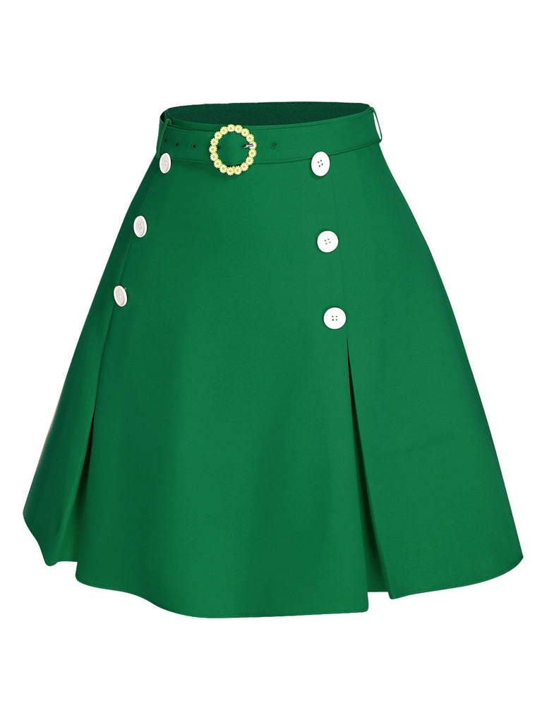 Jupe ceinturée unie à boutons vert des années 1960