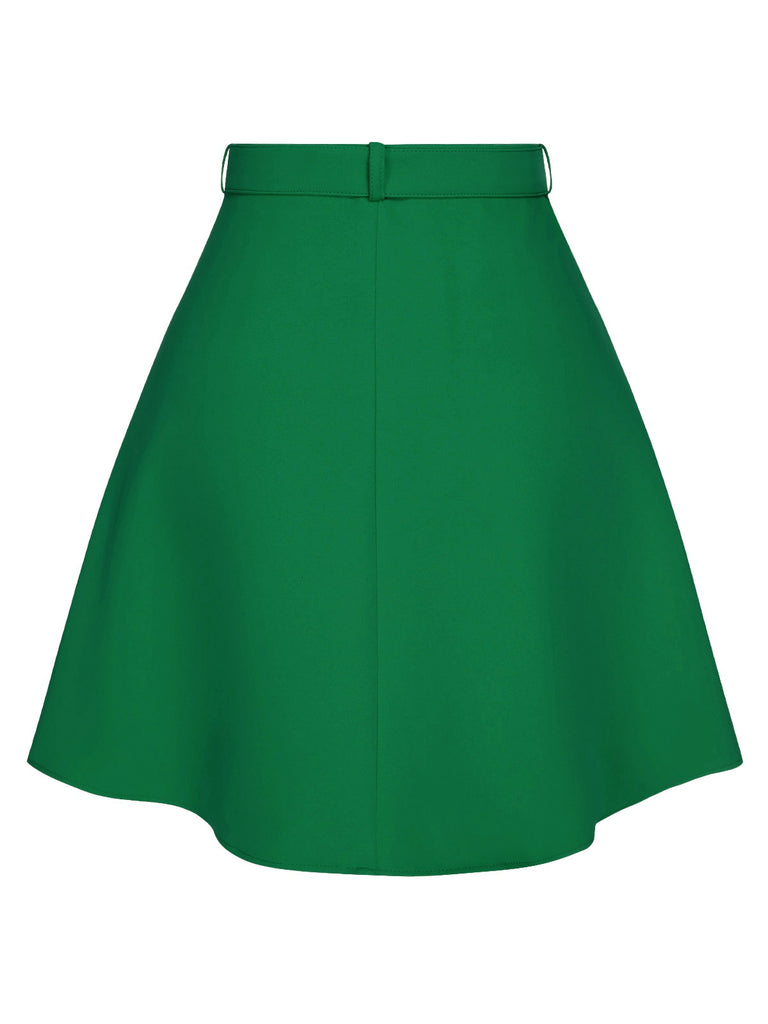 Jupe ceinturée unie à boutons vert des années 1960
