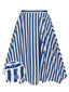 Jupe trapèze boutonnée à rayures bleues des années 1940