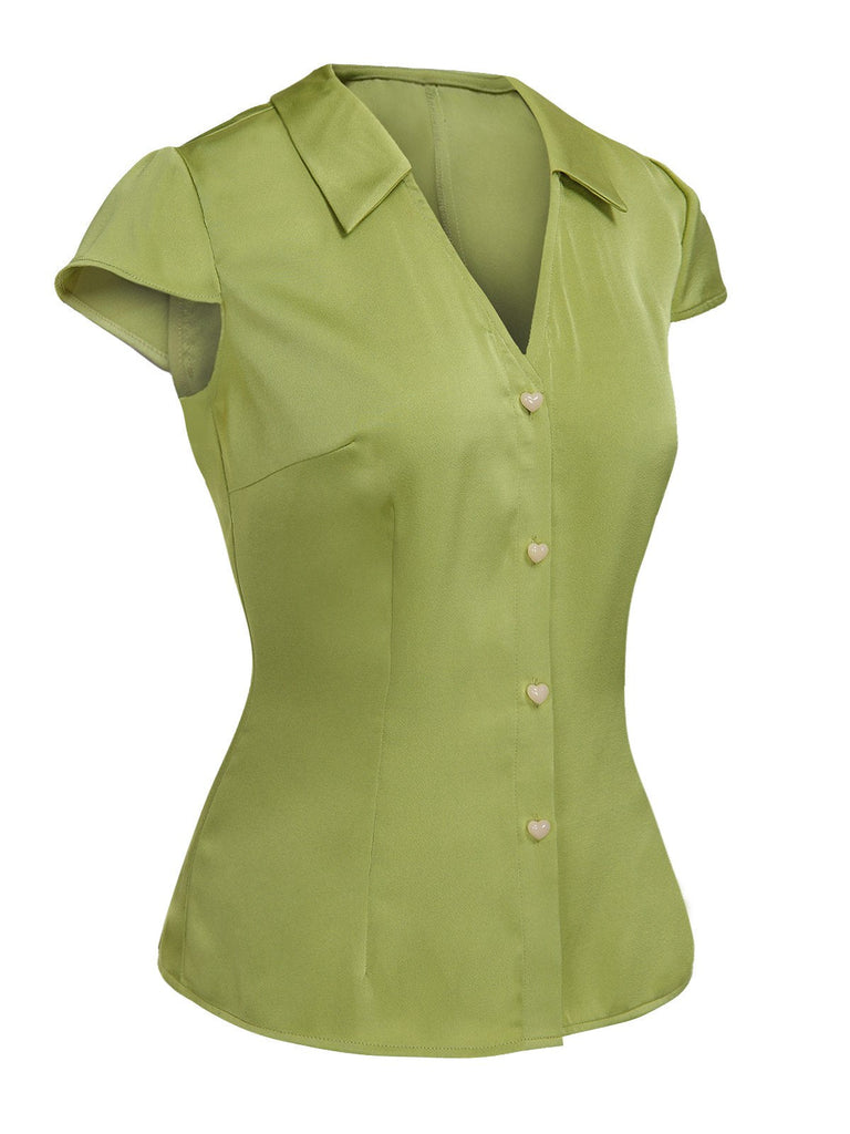 [Pré-vente] Chemise verte en satin à col en V et boutons des années 1940