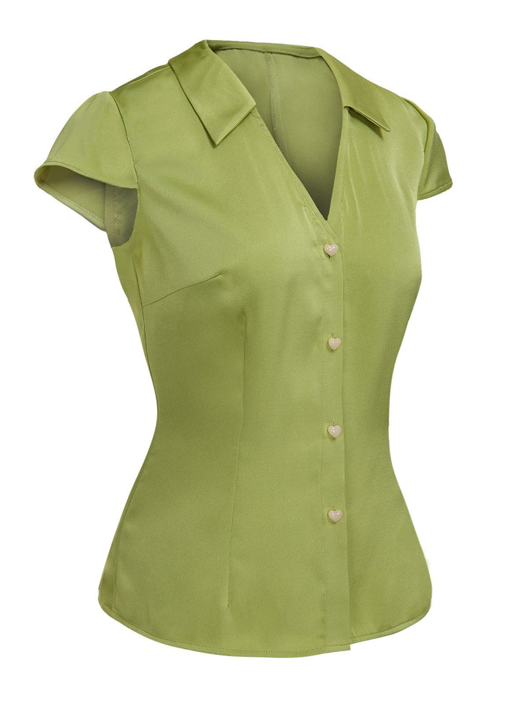 Chemise verte en satin à col en V et boutons des années 1940