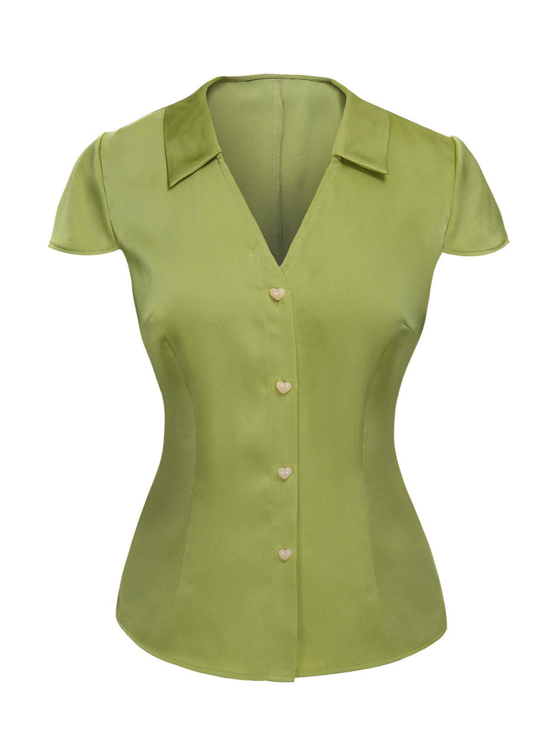 [Pré-vente] Chemise verte en satin à col en V et boutons des années 1940