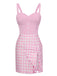 Robe rose à carreaux patchwork latéraux fendus des années 1960