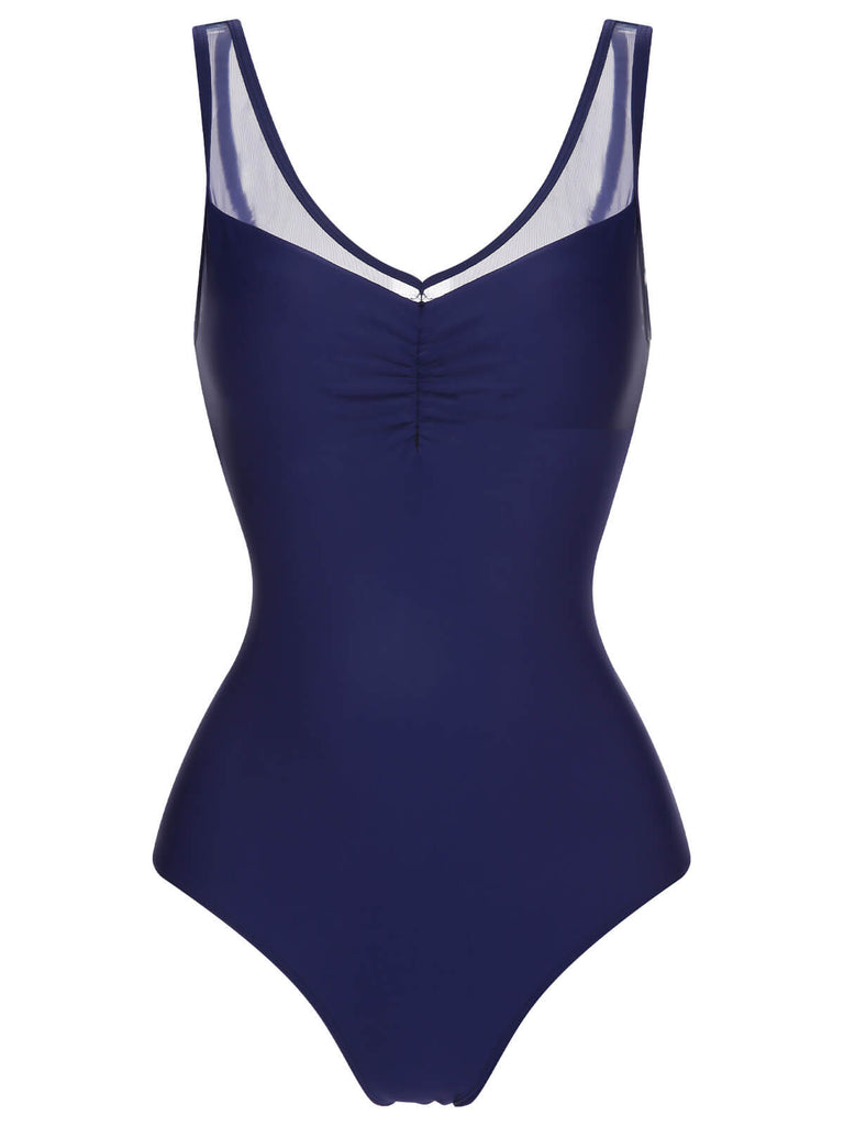 Maillot de bain croisé dos uni bleu profond des années 1930