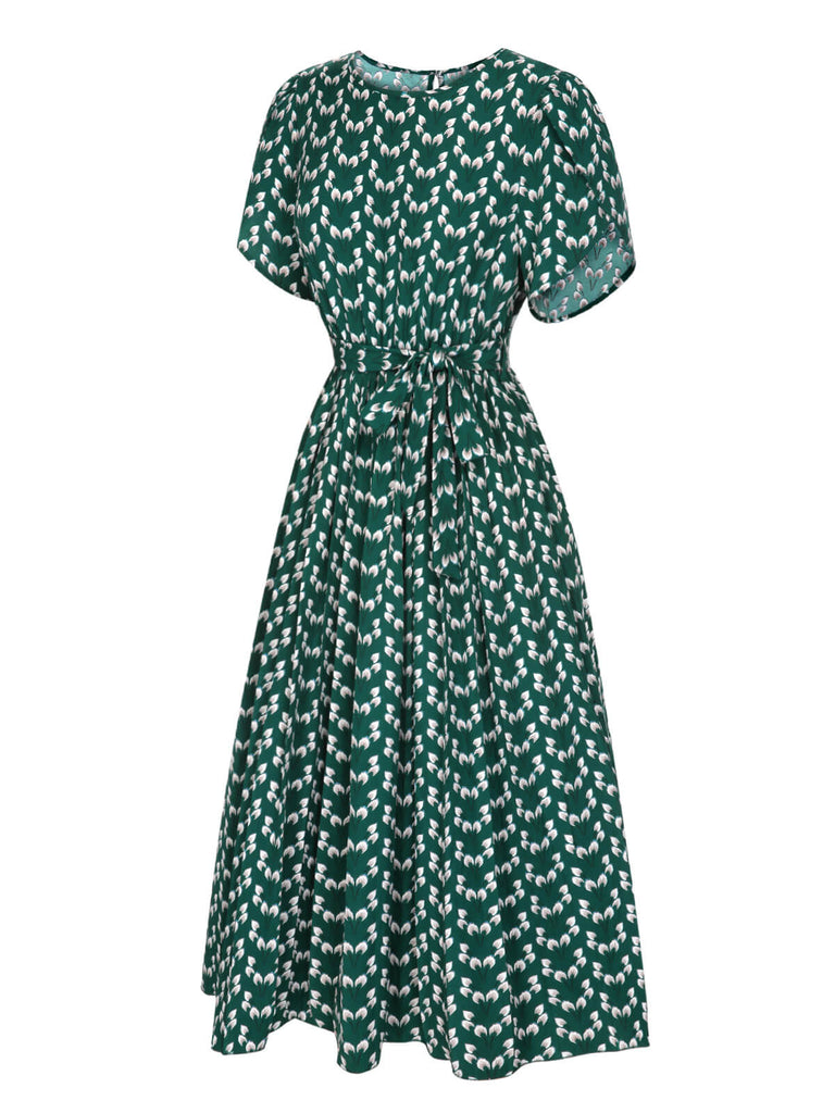 Robe fleurie verte des années 40 avec ceinture nouée