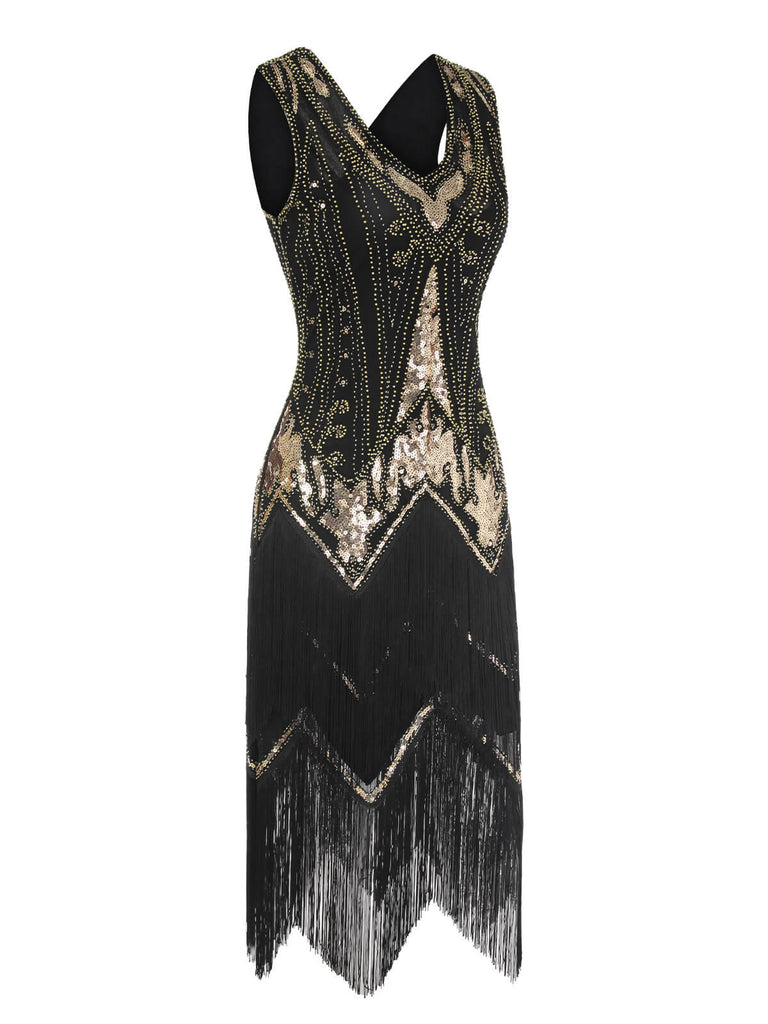 Robe Gatsby à pompons et paillettes à col en V des années 1920