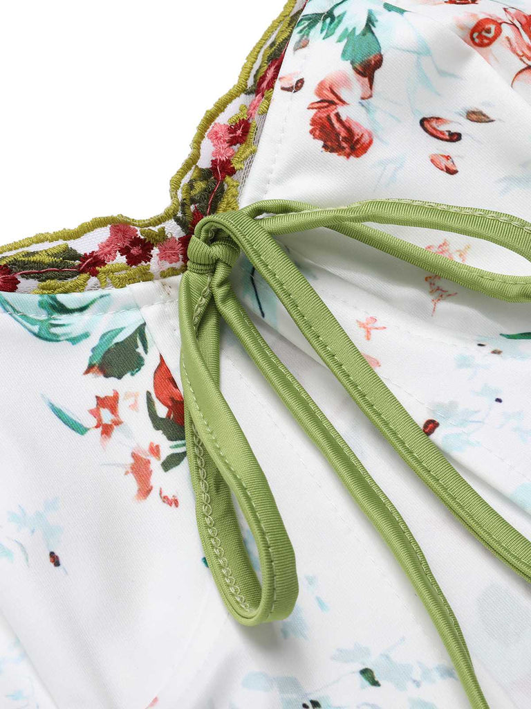 2PCS Gilet fendu à bretelles florales et jupe en dentelle des années 1960