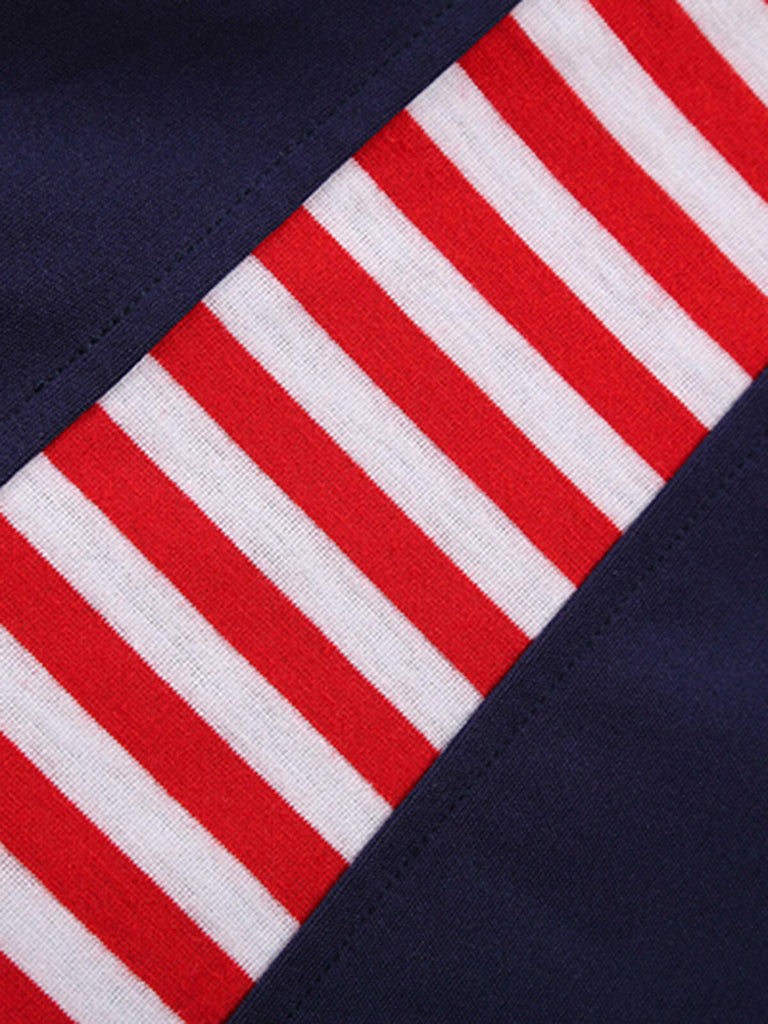 Robe trapèze patchwork à rayures rouge et bleue des années 1970