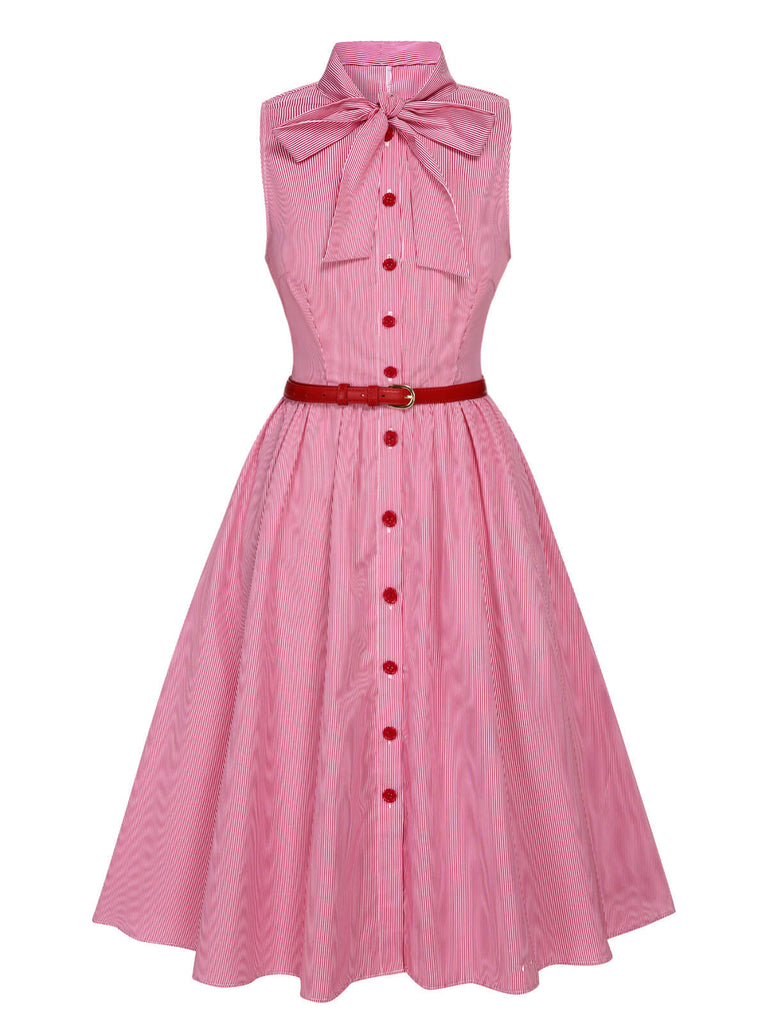 Robe rose à rayures fines et col noué des années 1950