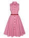 Robe rose à rayures fines et col noué des années 1950