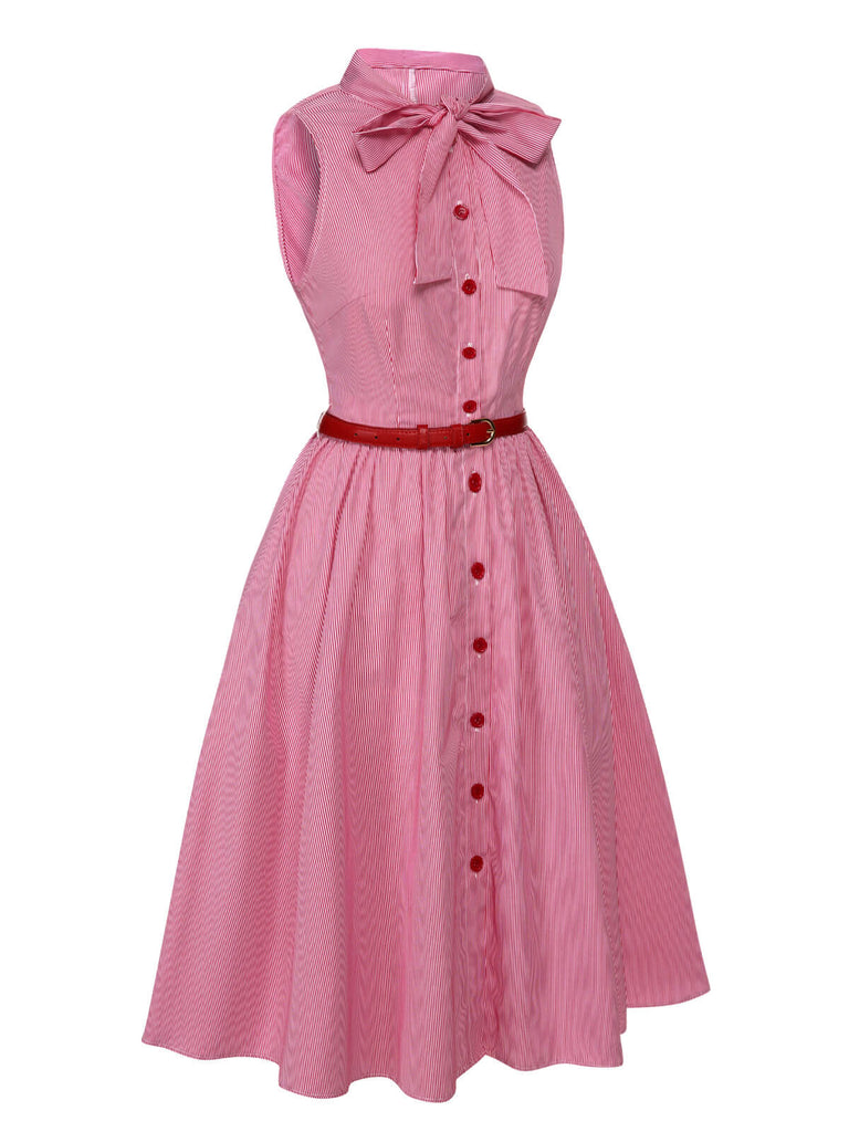 Robe rose à rayures fines et col noué des années 1950
