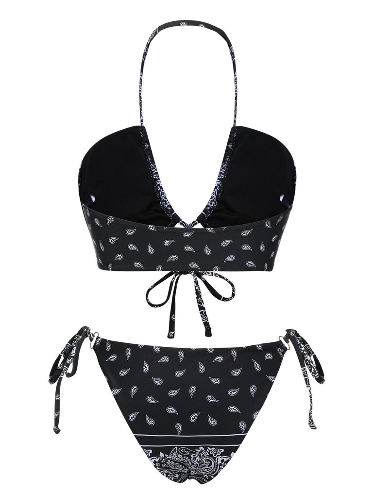 Ensemble de bikini à lacets de fleurs de cajou noir des années 1930