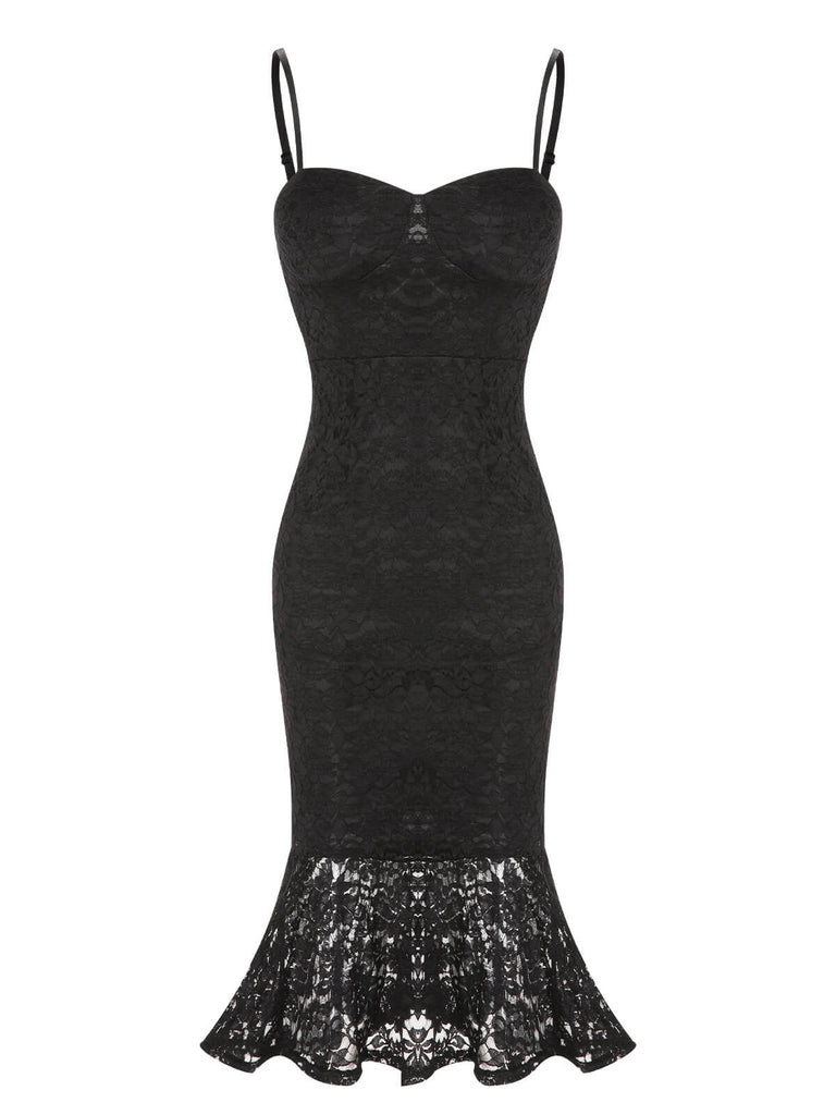 Robe sirène noire à bretelles spaghetti en dentelle des années 1930