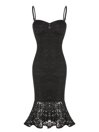 Robe sirène noire à bretelles spaghetti en dentelle des années 1930