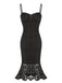 Robe sirène noire à bretelles spaghetti en dentelle des années 1930