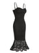 Robe sirène noire à bretelles spaghetti en dentelle des années 1930
