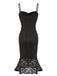 Robe sirène noire à bretelles spaghetti en dentelle des années 1930