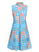 Robe à col montant fleurie orange et bleue des années 1960