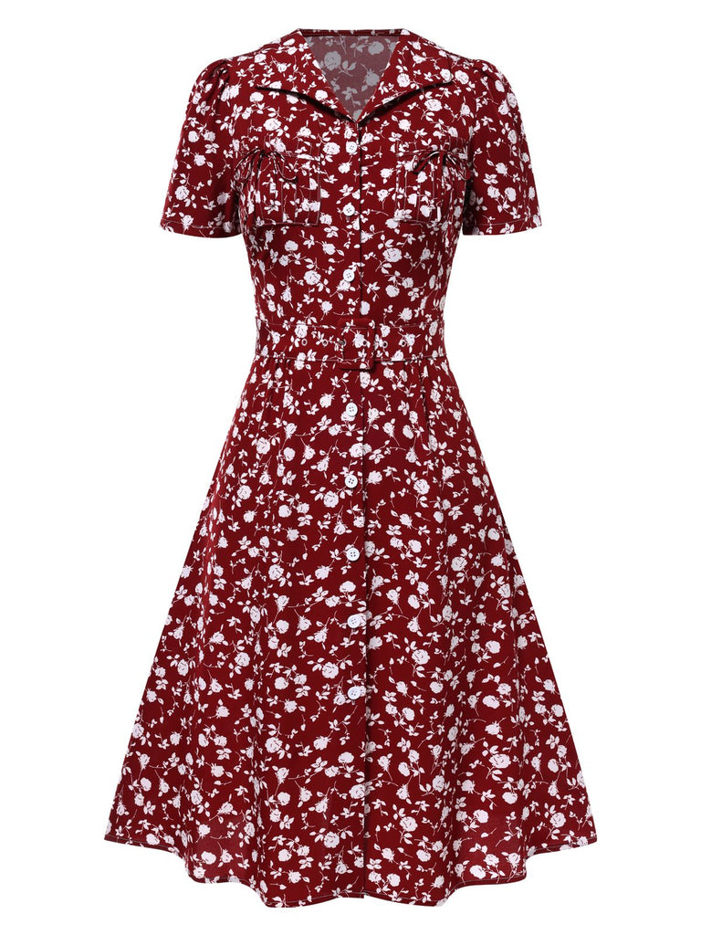 Robe marguerite à boutons revers vert des années 1950