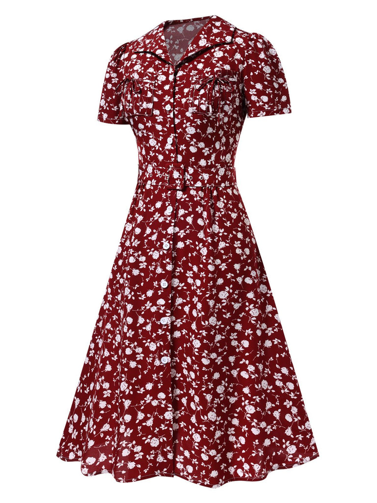 Robe marguerite à boutons revers vert des années 1950